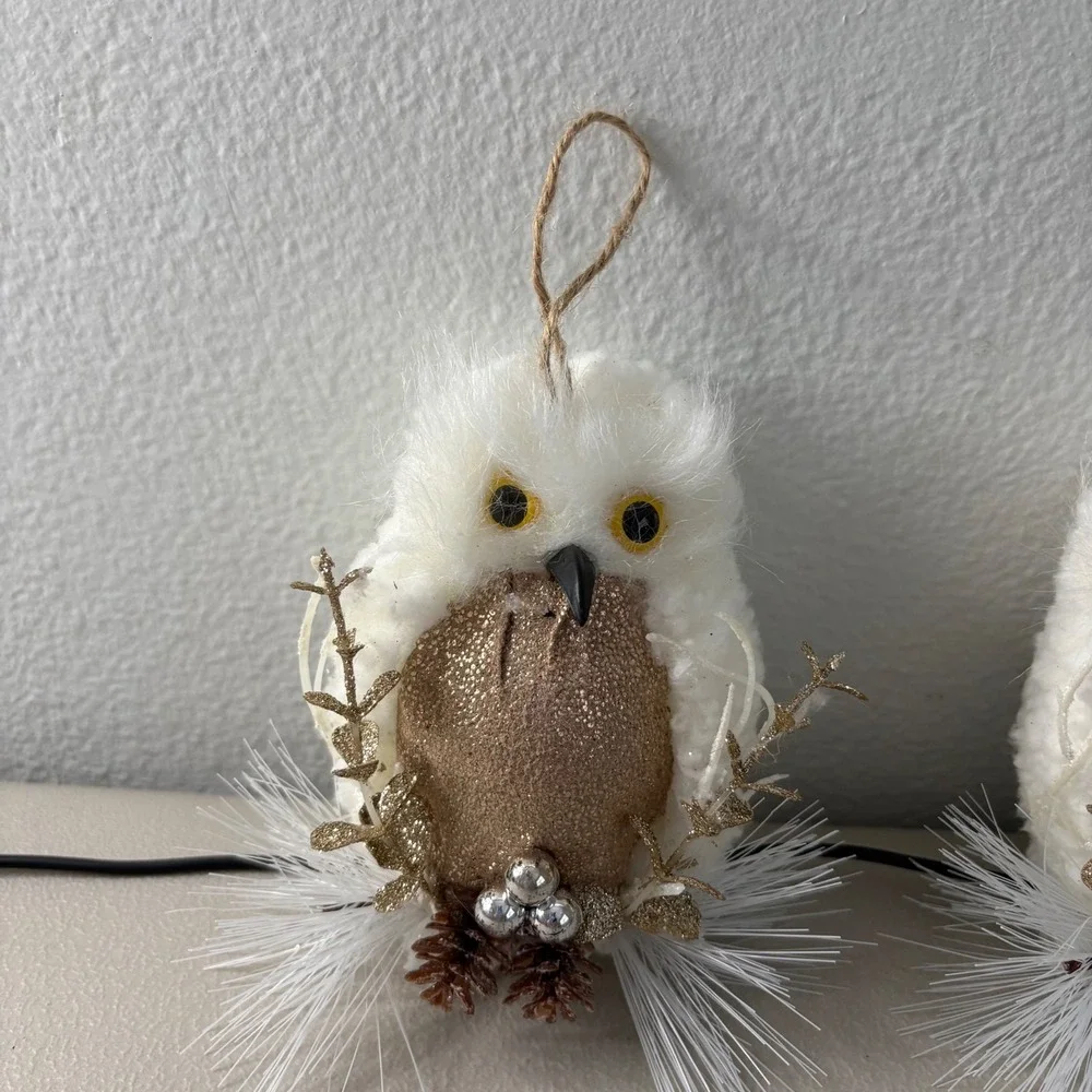 Set of 2 White Faux Fur Owl Christmas Ornaments Rose Gold Glitter Accents 5